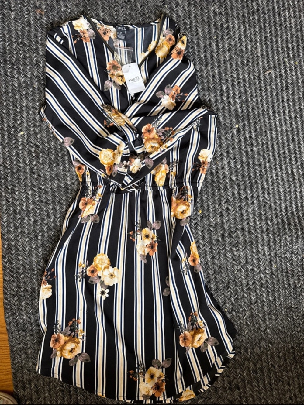 Rue21 Black Striped Floral Wrap-Style Midi Dress